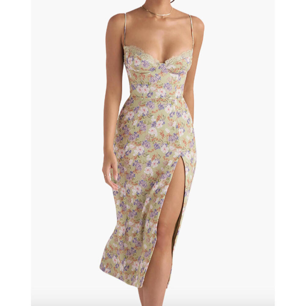 NEW House of CB Corset Crepe Midi Sundress in Peony Print Sz M #MD2117 - Picture 1 of 8